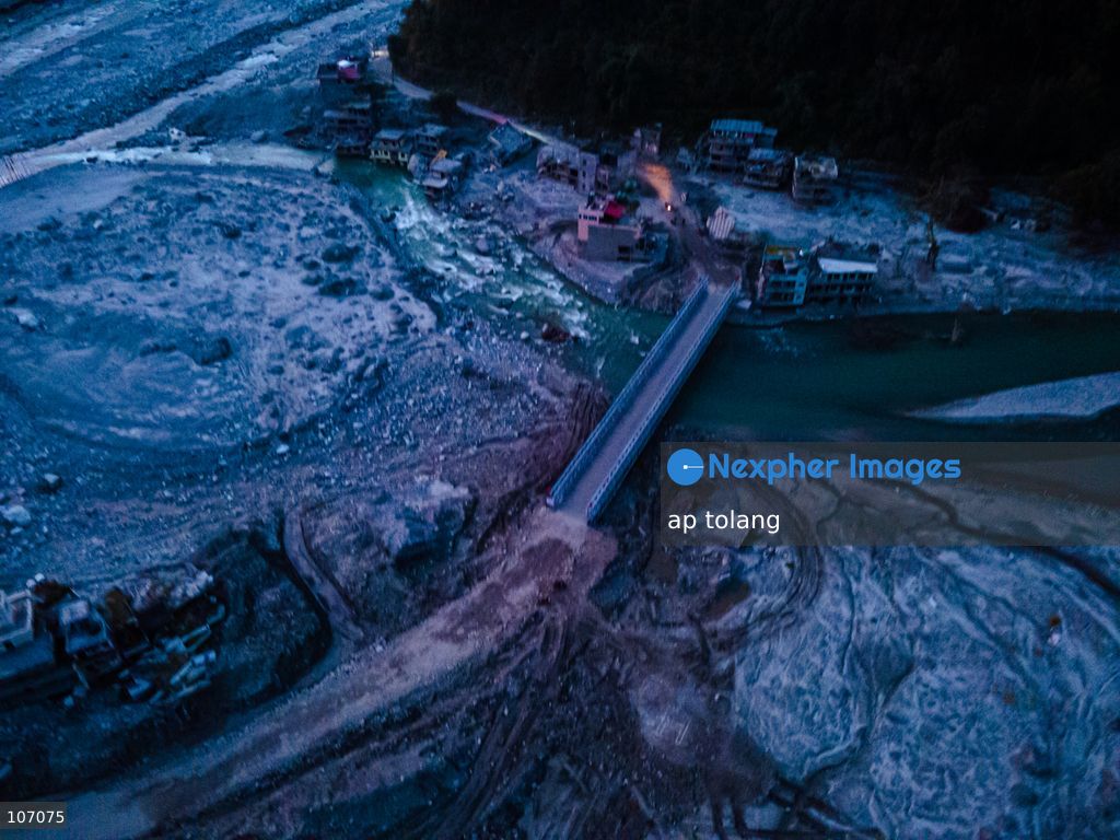 Rasuwa, NEPAL, October 14, 2026: An aerial view shows a newly installed Bailey bridge connecting the border areas of Nuwakot and Rasuwa districts in Nepal. the bridge was installed to restore road connectivity after severe flooding destroyed existing bridges on August 26, 2026. (Photo by ap tolang/Nexpher Images)