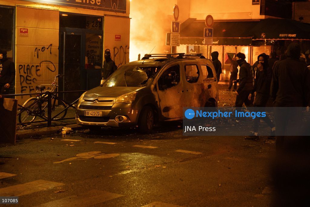PARIS, FRANCE, OCTOBER 17, 2026: Demonstrators clash with riot police in and around Place de la République during protests against austerity and rising living costs, and in support of students demanding better school conditions. Makeshift barricades are erected and fires break out as police use tear gas and water cannons. Shops in surrounding streets are damaged and looted during the unrest. (Photo by Oualid Abdellaoui/JNA Press via Nexpher Images)