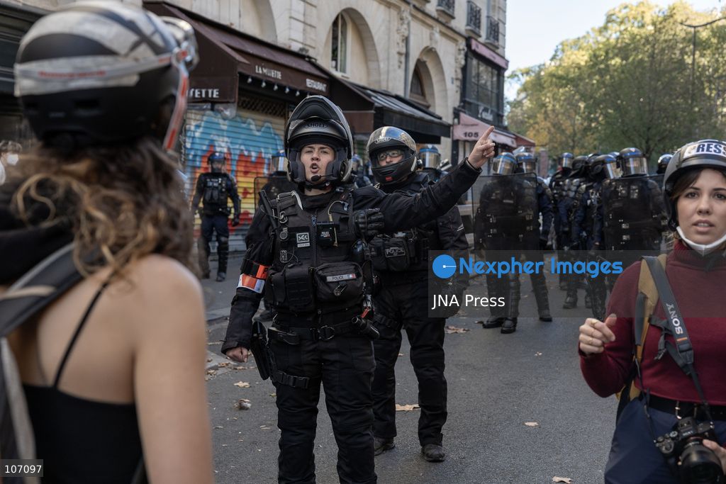 PARIS, FRANCE, OCTOBER 17, 2026: Demonstrators clash with riot police in and around Place de la République during protests against austerity and rising living costs, and in support of students demanding better school conditions. Makeshift barricades are erected and fires break out as police use tear gas and water cannons. Shops in surrounding streets are damaged and looted during the unrest. (Photo by Oualid Abdellaoui/JNA Press via Nexpher Images)