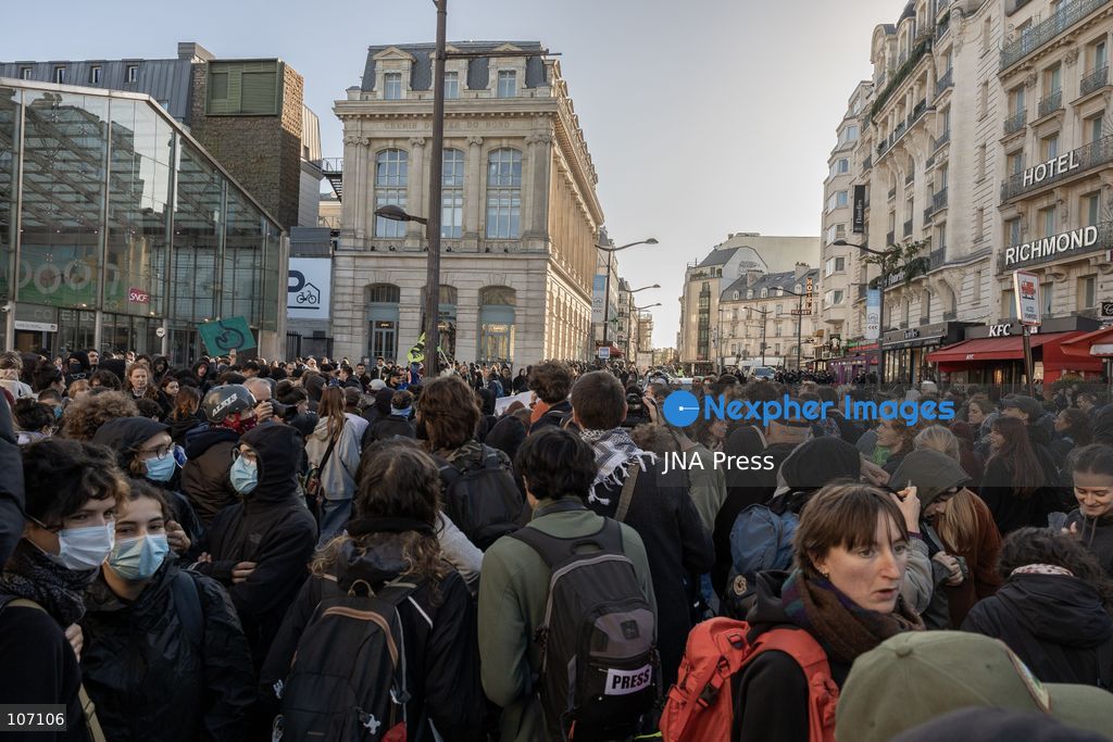 PARIS, FRANCE, OCTOBER 17, 2026: Demonstrators clash with riot police in and around Place de la République during protests against austerity and rising living costs, and in support of students demanding better school conditions. Makeshift barricades are erected and fires break out as police use tear gas and water cannons. Shops in surrounding streets are damaged and looted during the unrest. (Photo by Oualid Abdellaoui/JNA Press via Nexpher Images)