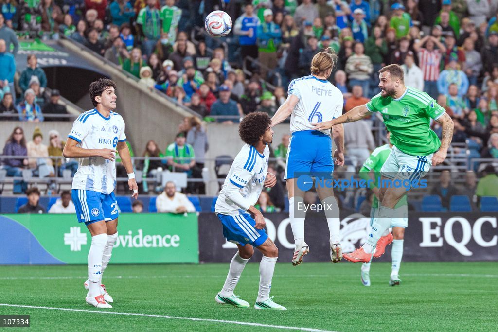 Jordan Morris #13 of Seattle Sounders FC heads the ball during the MLS match between Sounders FC and CF Montréal at Lumen Field. on October 17, 2026 in Seattle, Washington. (Photo by Jules Doyle / Eyepix Group/Eyepix via Nexpher Images)