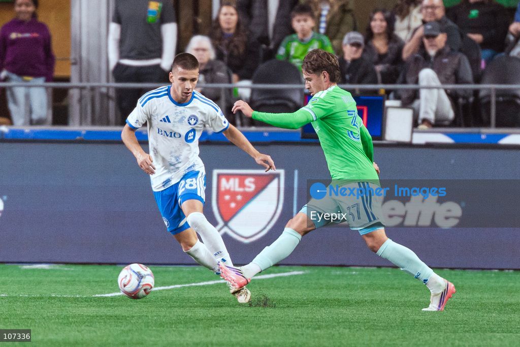 Snyder Brunell #37 of Seattle Sounders FC and Viktor Radojević #28 of CF Montréal battle for the ball during the MLS match between Sounders FC and CF Montréal at Lumen Field. on October 17, 2026 in Seattle, Washington. (Photo by Jules Doyle / Eyepix Group/Eyepix via Nexpher Images)