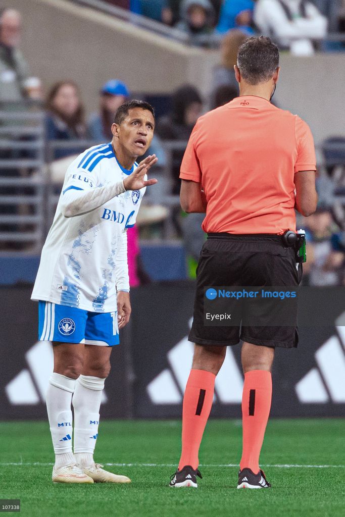 Alexis Sánchez #10 of CF Montréal receives a call by the referee during the MLS match between Sounders FC and CF Montréal at Lumen Field. on October 17, 2026 in Seattle, Washington. (Photo by Jules Doyle / Eyepix Group/Eyepix via Nexpher Images)