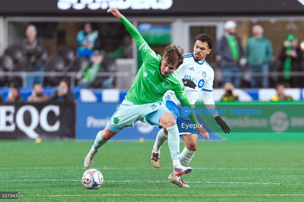 Snyder Brunell #37 of Seattle Sounders FC and Dani Pereira #7 of CF Montréal battle for the ball during the MLS match between Sounders FC and CF Montréal at Lumen Field. on October 17, 2026 in Seattle, Washington. (Photo by Jules Doyle / Eyepix Group/Eyepix via Nexpher Images)