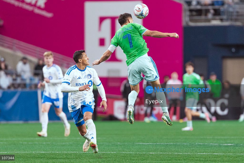 Cristian Roldan #7 of Seattle Sounders FC heads the ball during the MLS match between Sounders FC and CF Montréal at Lumen Field. on October 17, 2026 in Seattle, Washington. (Photo by Jules Doyle / Eyepix Group/Eyepix via Nexpher Images)