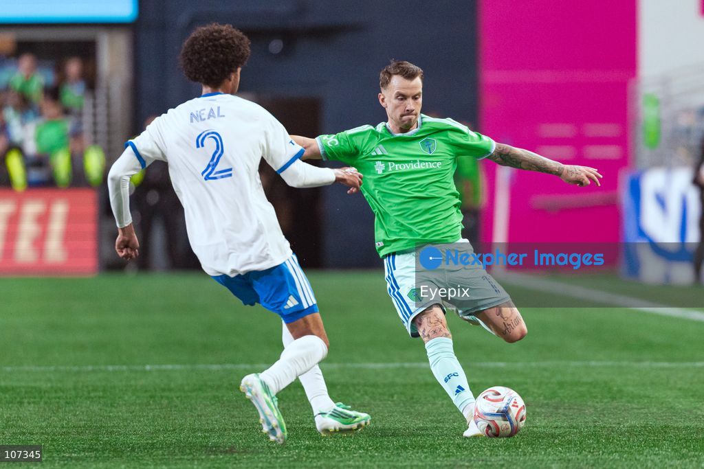 Albert Rusnák #11 of Seattle Sounders FC is pressured by Jalen Neal #2 of CF Montréal during the MLS match between Sounders FC and CF Montréal at Lumen Field. on October 17, 2026 in Seattle, Washington. (Photo by Jules Doyle / Eyepix Group/Eyepix via Nexpher Images)