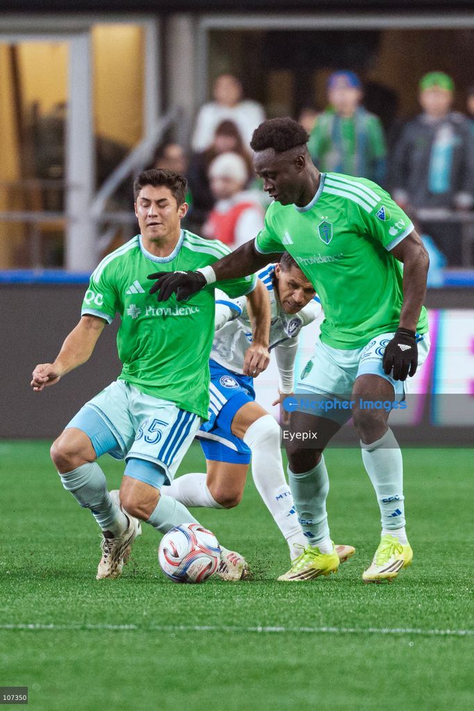 Yeimar Gómez Andrade #28 and Kalani Kossa-Rienzi #85 of Seattle Sounders FC and Alexis Sánchez #10 of CF Montréal battle for the ball during the MLS match between Sounders FC and CF Montréal at Lumen Field. on October 17, 2026 in Seattle, Washington. (Photo by Jules Doyle / Eyepix Group/Eyepix via Nexpher Images)