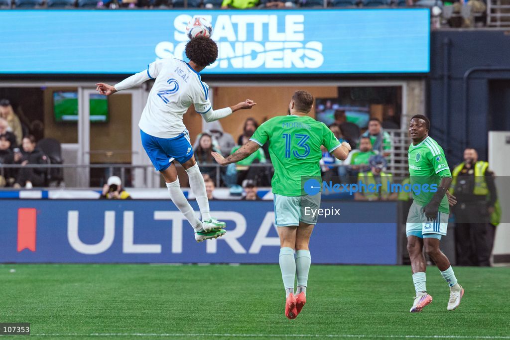 Jalen Neal #2 of CF Montréal heads the ball during the MLS match between Sounders FC and CF Montréal at Lumen Field. on October 17, 2026 in Seattle, Washington. (Photo by Jules Doyle / Eyepix Group/Eyepix via Nexpher Images)