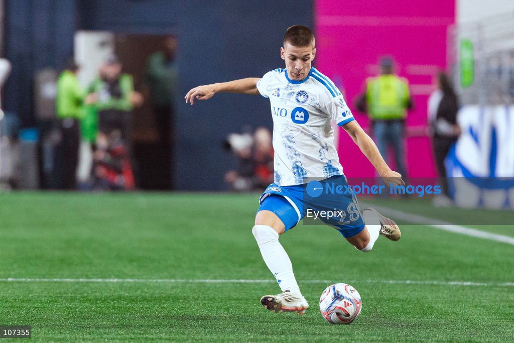 Viktor Radojević #28 of CF Montréal shoots the ball during the MLS match between Sounders FC and CF Montréal at Lumen Field. on October 17, 2026 in Seattle, Washington. (Photo by Jules Doyle / Eyepix Group/Eyepix via Nexpher Images)