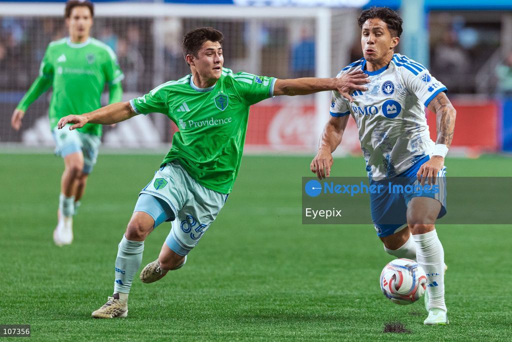 Wiki Carmona #16 of CF Montréal and Kalani Kossa-Rienzi #85 of Seattle Sounders FC battle for the ball during the MLS match between Sounders FC and CF Montréal at Lumen Field. on October 17, 2026 in Seattle, Washington. (Photo by Jules Doyle / Eyepix Group/Eyepix via Nexpher Images)