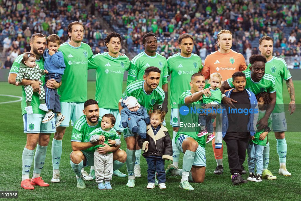 Seattle Sounders FC players pose during the MLS match between Sounders FC and CF Montréal at Lumen Field. on October 17, 2026 in Seattle, Washington. (Photo by Jules Doyle / Eyepix Group/Eyepix via Nexpher Images)