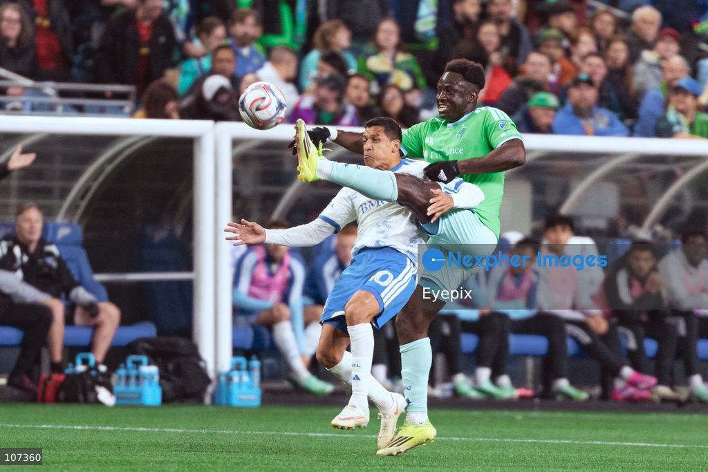 Alexis Sánchez #10 of CF Montréal and Yeimar Gómez Andrade #28 of Seattle Sounders FC battle for the ball during the MLS match between Sounders FC and CF Montréal at Lumen Field. on October 17, 2026 in Seattle, Washington. (Photo by Jules Doyle / Eyepix Group/Eyepix via Nexpher Images)