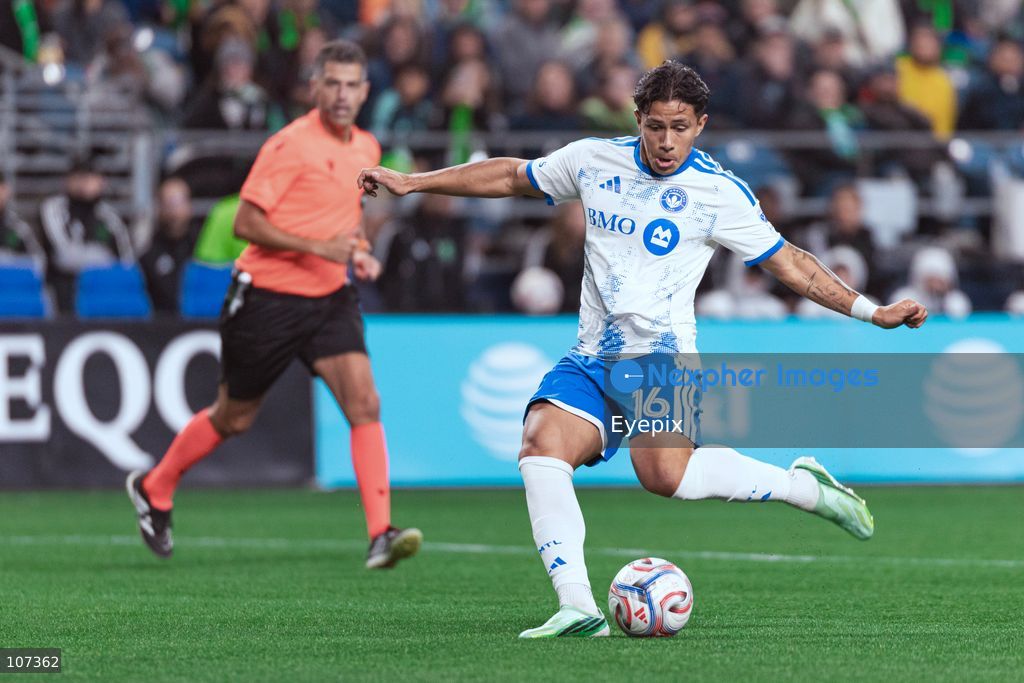 Wiki Carmona #16 of CF Montréal shoots the ball during the MLS match between Sounders FC and CF Montréal at Lumen Field. on October 17, 2026 in Seattle, Washington. (Photo by Jules Doyle / Eyepix Group/Eyepix via Nexpher Images)