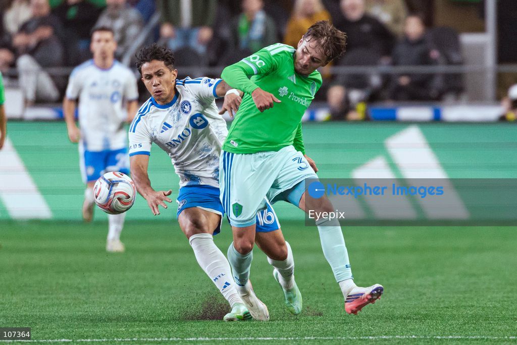 Snyder Brunell #37 of Seattle Sounders FC and Wiki Carmona #16 of CF Montréal battle for the ball during the MLS match between Sounders FC and CF Montréal at Lumen Field. on October 17, 2026 in Seattle, Washington. (Photo by Jules Doyle / Eyepix Group/Eyepix via Nexpher Images)
