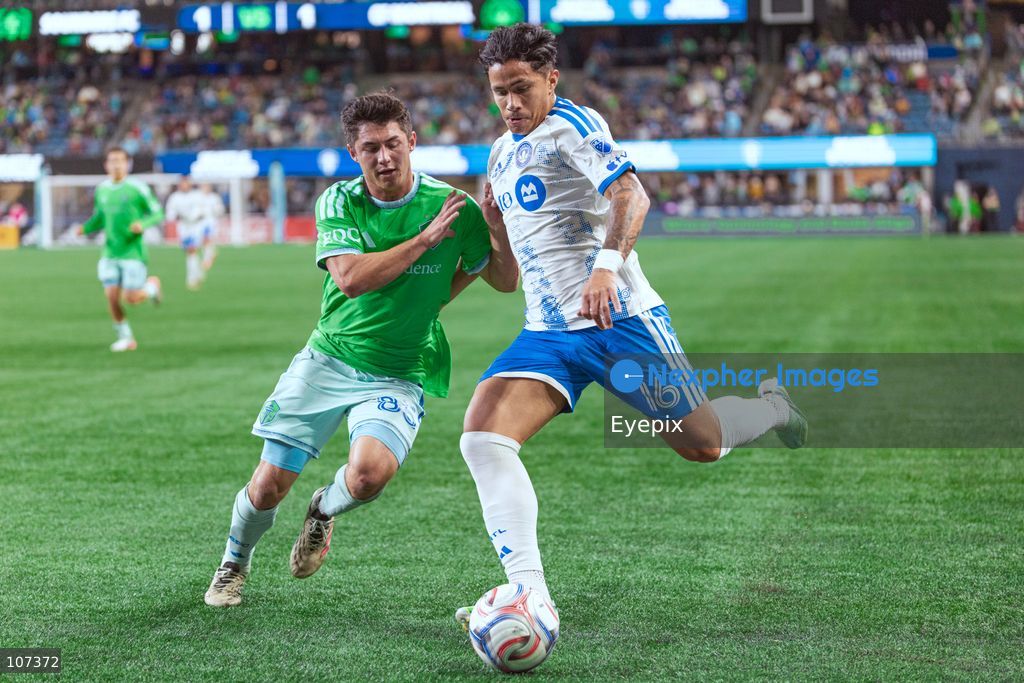Wiki Carmona #16 of CF Montréal and Kalani Kossa-Rienzi #85 of Seattle Sounders FC battle for the ball during the MLS match between Sounders FC and CF Montréal at Lumen Field. on October 17, 2026 in Seattle, Washington. (Photo by Jules Doyle / Eyepix Group/Eyepix via Nexpher Images)