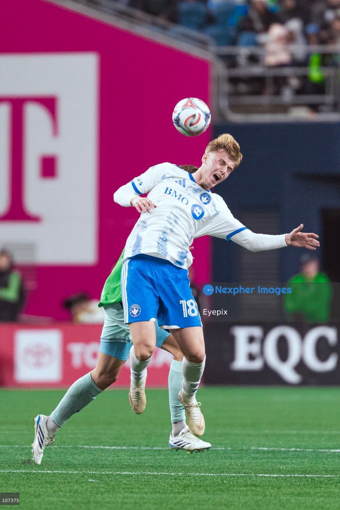 Hennadii Synchuk #18 of CF Montréal heads the ball during the MLS match between Sounders FC and CF Montréal at Lumen Field. on October 17, 2026 in Seattle, Washington. (Photo by Jules Doyle / Eyepix Group/Eyepix via Nexpher Images)
