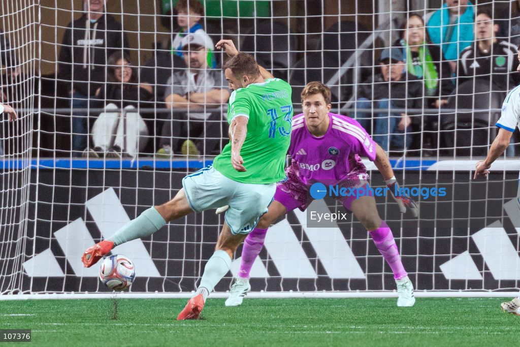 Jordan Morris #13 of Seattle Sounders FC shoots the ball during the MLS match between Sounders FC and CF Montréal at Lumen Field. on October 17, 2026 in Seattle, Washington. (Photo by Jules Doyle / Eyepix Group/Eyepix via Nexpher Images)