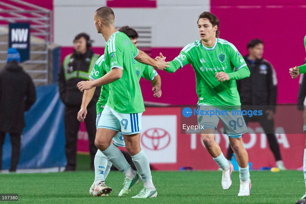 Sebastian Gomez #90 and Dejan Joveljić #9 of Seattle Sounders FC celebrate after scoring a goalduring the MLS match between Sounders FC and CF Montréal at Lumen Field. on October 17, 2026 in Seattle, Washington. (Photo by Jules Doyle / Eyepix Group/Eyepix via Nexpher Images)