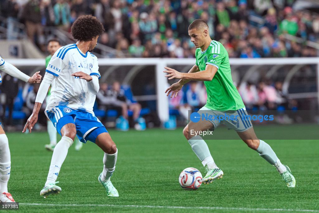 Dejan Joveljić #9 of Seattle Sounders FC dribbles the ball during the MLS match between Sounders FC and CF Montréal at Lumen Field. on October 17, 2026 in Seattle, Washington. (Photo by Jules Doyle / Eyepix Group/Eyepix via Nexpher Images)