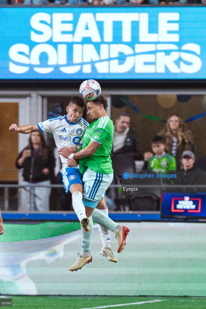 Viktor Radojević #28 of CF Montréal and Hassani Dotson #31 of Seattle Sounders FC battle for the header during the MLS match between Sounders FC and CF Montréal at Lumen Field. on October 17, 2026 in Seattle, Washington. (Photo by Jules Doyle / Eyepix Group/Eyepix via Nexpher Images)