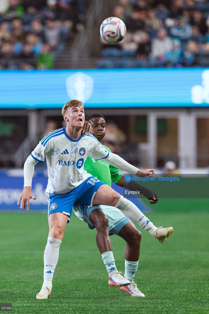 Hennadii Synchuk #18 of CF Montréal and Nouhou Tolo #5 of Seattle Sounders FC battle for the ball during the MLS match between Sounders FC and CF Montréal at Lumen Field. on October 17, 2026 in Seattle, Washington. (Photo by Jules Doyle / Eyepix Group/Eyepix via Nexpher Images)