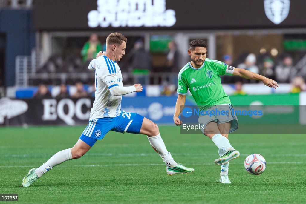 Cristian Roldan #7 of Seattle Sounders FC and Fabian Herbers #21 of CF Montréal battle for the ballduring the MLS match between Sounders FC and CF Montréal at Lumen Field. on October 17, 2026 in Seattle, Washington. (Photo by Jules Doyle / Eyepix Group/Eyepix via Nexpher Images)