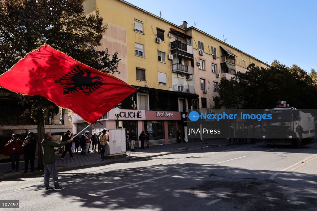 TIRANA, ALBANIA, OCTOBER 19, 2026: Demonstrators take part in student-led anti-government protests in Tirana as the mobilisation enters its seventh consecutive day. Protesters demand improved university conditions, government accountability and the resignation of Prime Minister Edi Rama. (Photo by Vlasov Sulaj/JNA Press via Nexpher Images)