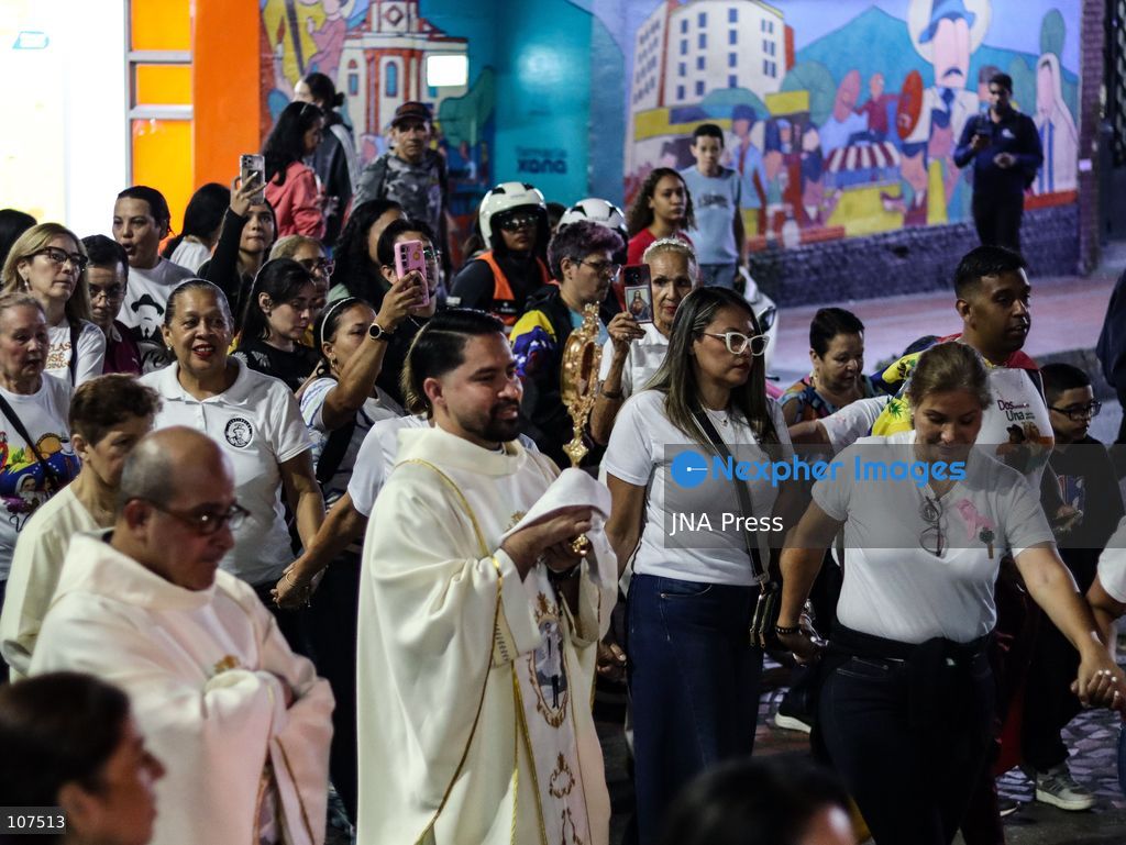 CARACAS, VENEZUELA, OCTOBER 19, 2026: Devotees gather at La Candelaria church in central Caracas to mark the first anniversary of the canonization of Saint José Gregorio Hernández and Saint Carmen Rendiles. The two became Venezuela’s first Catholic saints on October 19, 2025. (Photo by Mario Flores/JNA Press via Nexpher Images)