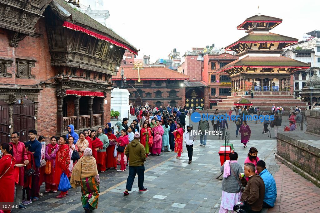 KATHMANDU, NEPAL, OCTOBER 20, 2026: Devotees queue to enter Taleju Bhawani Temple at Hanuman Dhoka Durbar Square in Kathmandu on Maha Nawami, the ninth day of Dashain. The historic temple opens to the general public only once a year on this occasion, allowing worshippers to offer prayers to Goddess Taleju Bhawani. (Photo by Safal Prakash Shrestha/JNA Press via Nexpher Images)