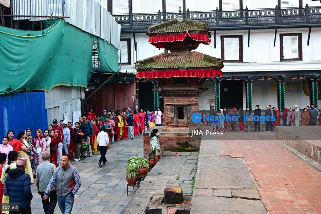 KATHMANDU, NEPAL, OCTOBER 20, 2026: Devotees queue to enter Taleju Bhawani Temple at Hanuman Dhoka Durbar Square in Kathmandu on Maha Nawami, the ninth day of Dashain. The historic temple opens to the general public only once a year on this occasion, allowing worshippers to offer prayers to Goddess Taleju Bhawani. (Photo by Safal Prakash Shrestha/JNA Press via Nexpher Images)