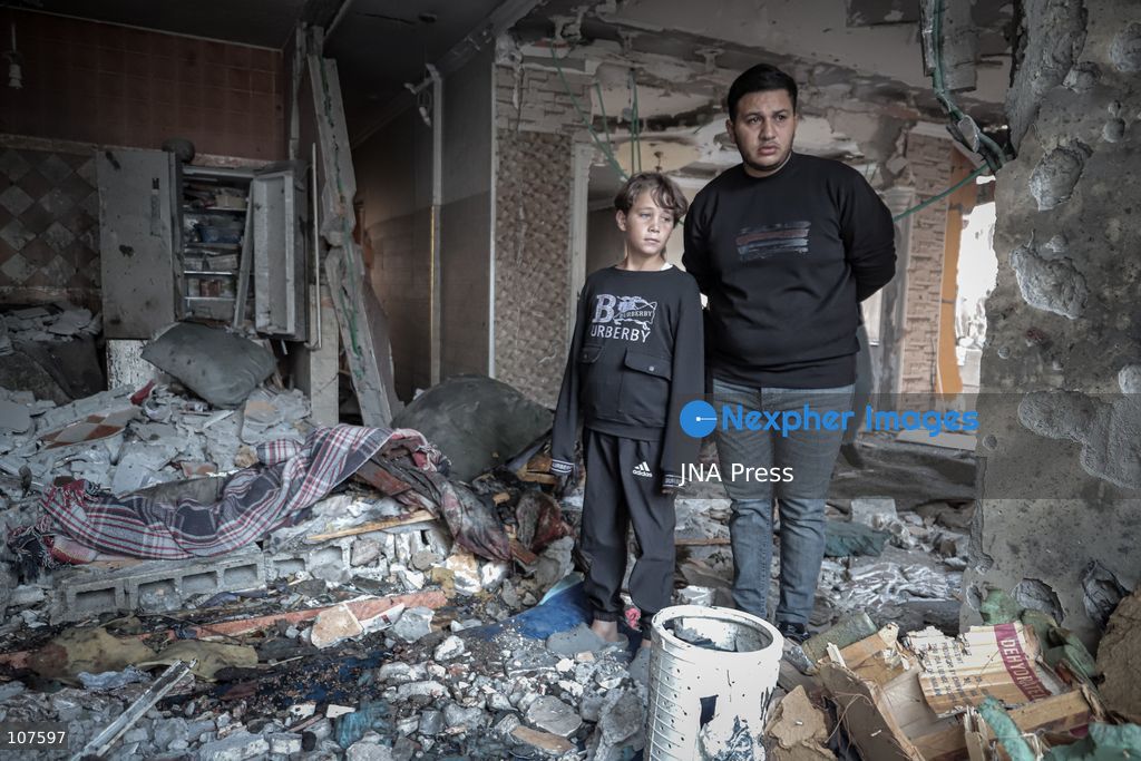 GAZA CITY, PALESTINE, OCTOBER 20, 2026: Palestinians inspect damage to a residential apartment following an Israeli airstrike in the Rimal neighbourhood of Gaza City. The early-morning strike killed Akram Yassin and his wife, according to medical sources. Skaik / JNA Press. (Photo by Mohammed M Skaik/JNA Press via Nexpher Images)