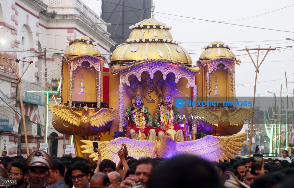 PRAYAGRAJ, INDIA - OCTOBER 20, 2026: Artists dressed as Hindu deities Rama and Lakshman sit in a tableau during a Dussehra festival procession. (Photo by Jitendra Prakash/JNA Press via Nexpher Images)