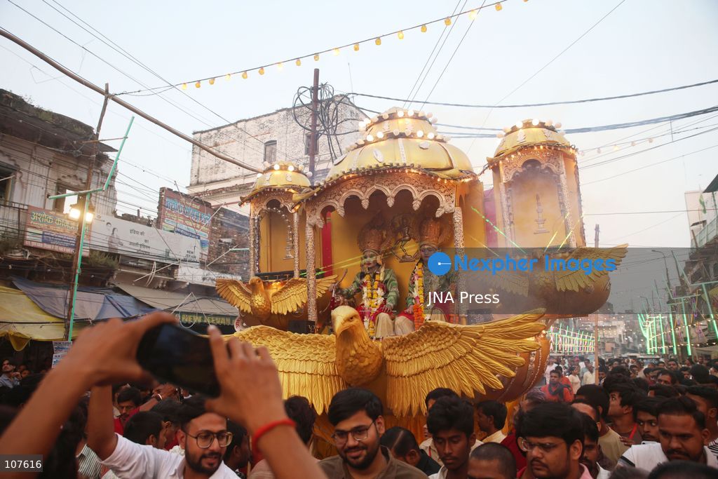 PRAYAGRAJ, INDIA - OCTOBER 20, 2026: Artists dressed as Hindu deities Rama and Lakshman sit in a tableau during a Dussehra festival procession. (Photo by Jitendra Prakash/JNA Press via Nexpher Images)