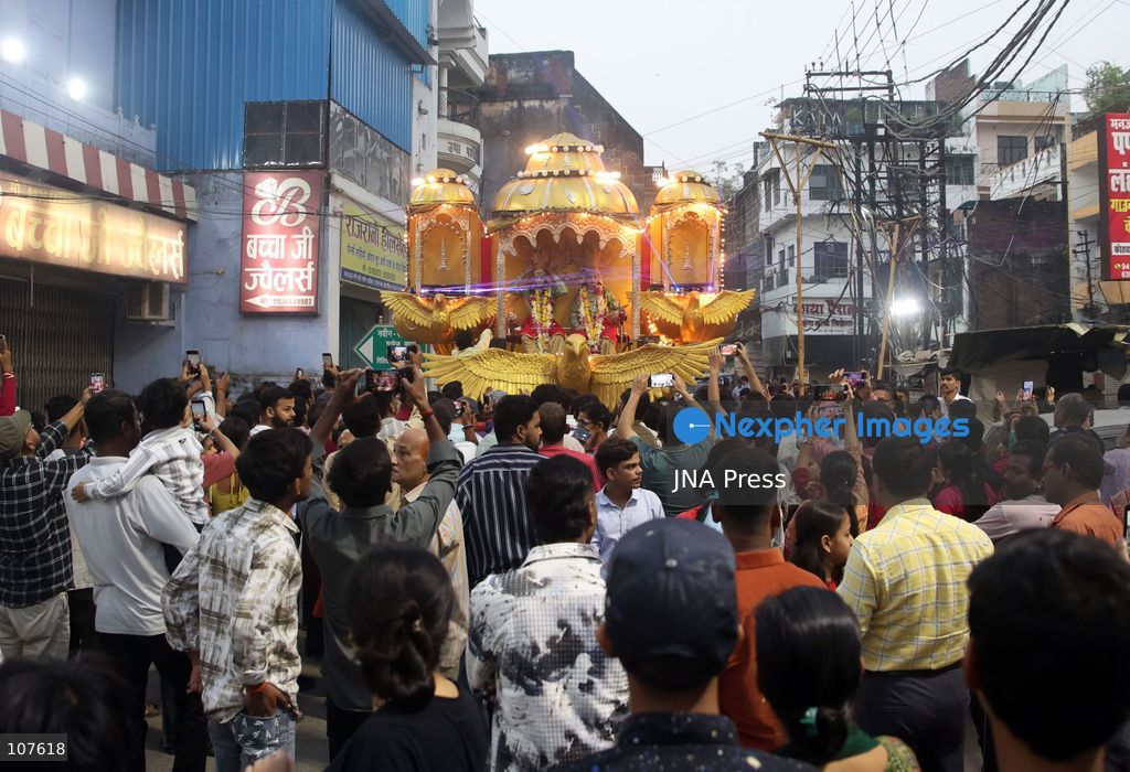 PRAYAGRAJ, INDIA - OCTOBER 20, 2026: Artists dressed as Hindu deities Rama and Lakshman sit in a tableau during a Dussehra festival procession. (Photo by Jitendra Prakash/JNA Press via Nexpher Images)