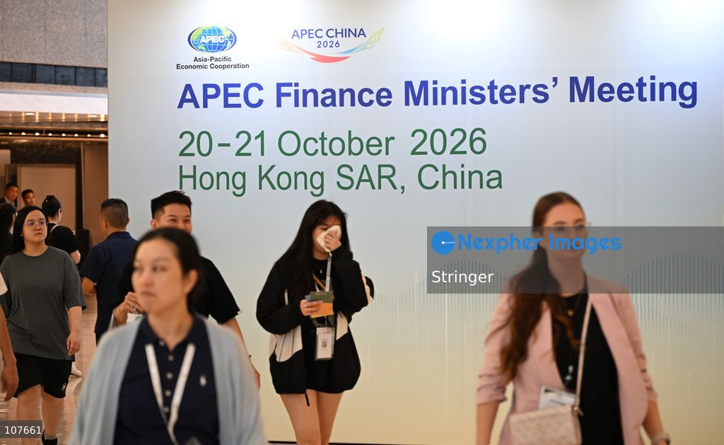 A general view showing a banner of APEC Finance Ministers' Meeting on October 20, 2026 in Hong Kong. (Photo by Stringer/Nexpher Images)