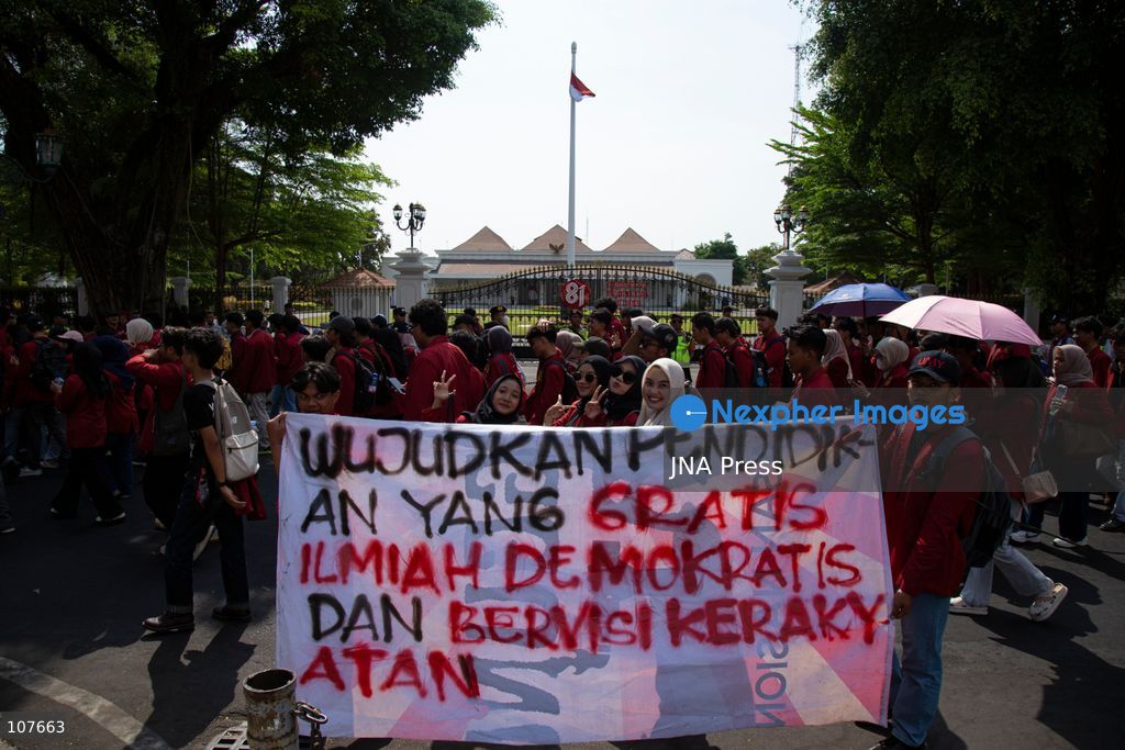 YOGYAKARTA, INDONESIA - OCTOBER 20, 2026: Students gather at the Special Region of Yogyakarta (DIY) Regional People's Representative Council (DPRD) building during a protest against the central government, which has been in office for two years. Students from Muhammadiyah University of Yogyakarta (UMY) later marched to the Zero Kilometer Point in Yogyakarta to voice criticism of government policies they consider controversial and harmful to people's lives. (Photo by Topen Anggara Saputra/JNA Press via Nexpher Images)