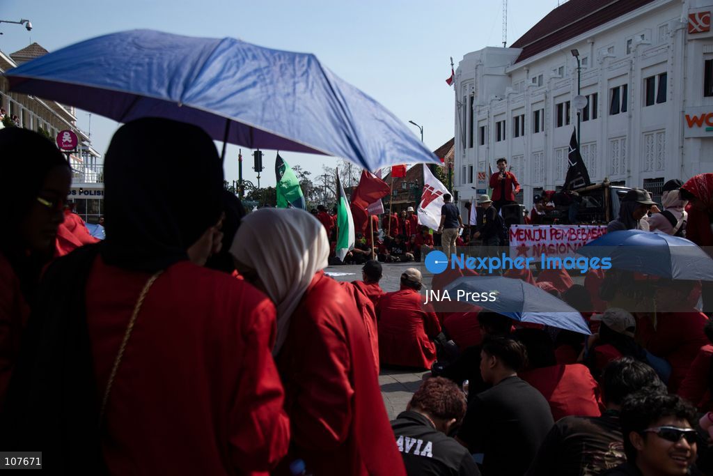 YOGYAKARTA, INDONESIA - OCTOBER 20, 2026: Students gather at the Special Region of Yogyakarta (DIY) Regional People's Representative Council (DPRD) building during a protest against the central government, which has been in office for two years. Students from Muhammadiyah University of Yogyakarta (UMY) later marched to the Zero Kilometer Point in Yogyakarta to voice criticism of government policies they consider controversial and harmful to people's lives. (Photo by Topen Anggara Saputra/JNA Press via Nexpher Images)