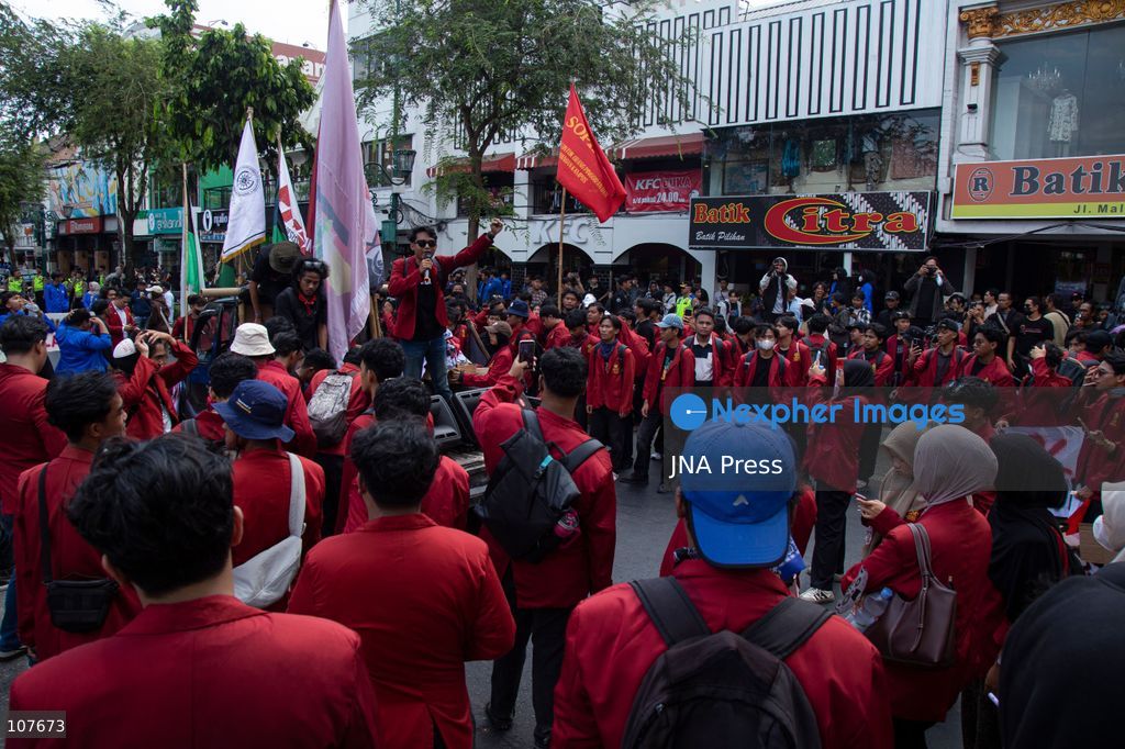 YOGYAKARTA, INDONESIA - OCTOBER 20, 2026: Students gather at the Special Region of Yogyakarta (DIY) Regional People's Representative Council (DPRD) building during a protest against the central government, which has been in office for two years. Students from Muhammadiyah University of Yogyakarta (UMY) later marched to the Zero Kilometer Point in Yogyakarta to voice criticism of government policies they consider controversial and harmful to people's lives. (Photo by Topen Anggara Saputra/JNA Press via Nexpher Images)