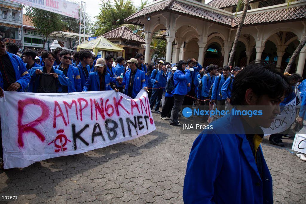 YOGYAKARTA, INDONESIA - OCTOBER 20, 2026: Students gather at the Special Region of Yogyakarta (DIY) Regional People's Representative Council (DPRD) building during a protest against the central government, which has been in office for two years. Students from Muhammadiyah University of Yogyakarta (UMY) later marched to the Zero Kilometer Point in Yogyakarta to voice criticism of government policies they consider controversial and harmful to people's lives. (Photo by Topen Anggara Saputra/JNA Press via Nexpher Images)