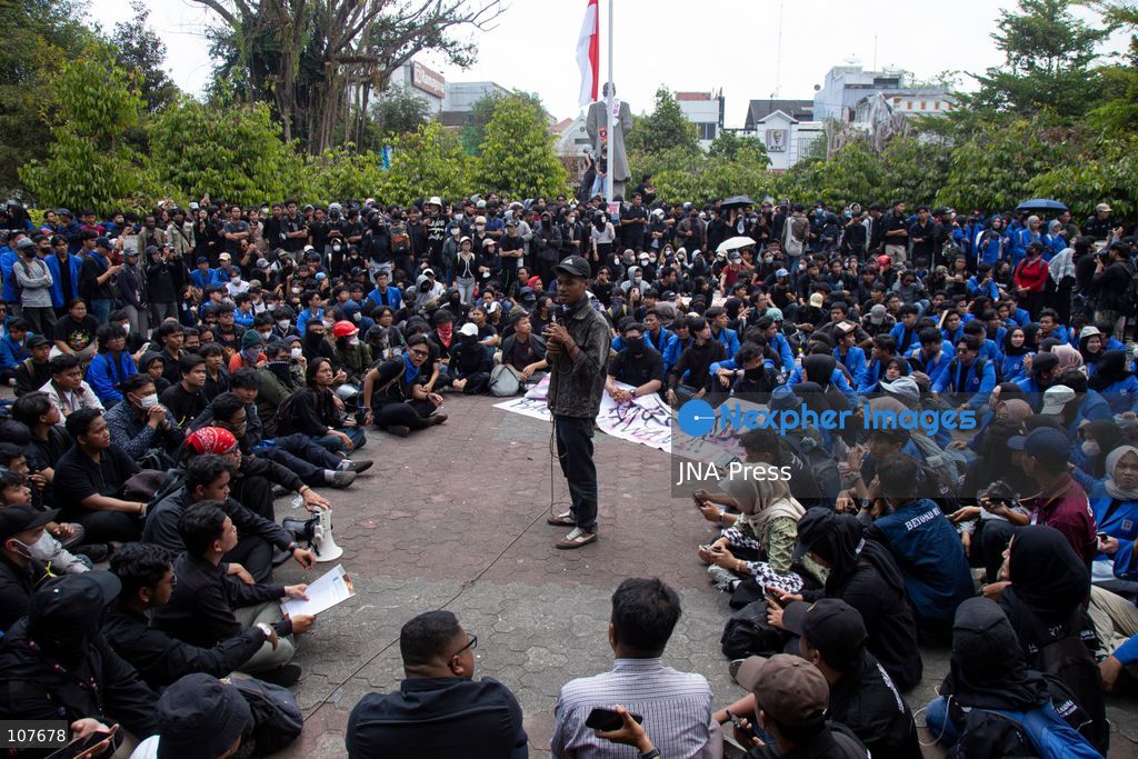 YOGYAKARTA, INDONESIA - OCTOBER 20, 2026: Students gather at the Special Region of Yogyakarta (DIY) Regional People's Representative Council (DPRD) building during a protest against the central government, which has been in office for two years. Students from Muhammadiyah University of Yogyakarta (UMY) later marched to the Zero Kilometer Point in Yogyakarta to voice criticism of government policies they consider controversial and harmful to people's lives. (Photo by Topen Anggara Saputra/JNA Press via Nexpher Images)