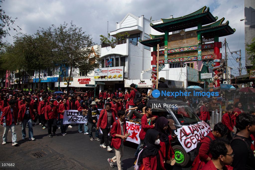 YOGYAKARTA, INDONESIA - OCTOBER 20, 2026: Students gather at the Special Region of Yogyakarta (DIY) Regional People's Representative Council (DPRD) building during a protest against the central government, which has been in office for two years. Students from Muhammadiyah University of Yogyakarta (UMY) later marched to the Zero Kilometer Point in Yogyakarta to voice criticism of government policies they consider controversial and harmful to people's lives. (Photo by Topen Anggara Saputra/JNA Press via Nexpher Images)