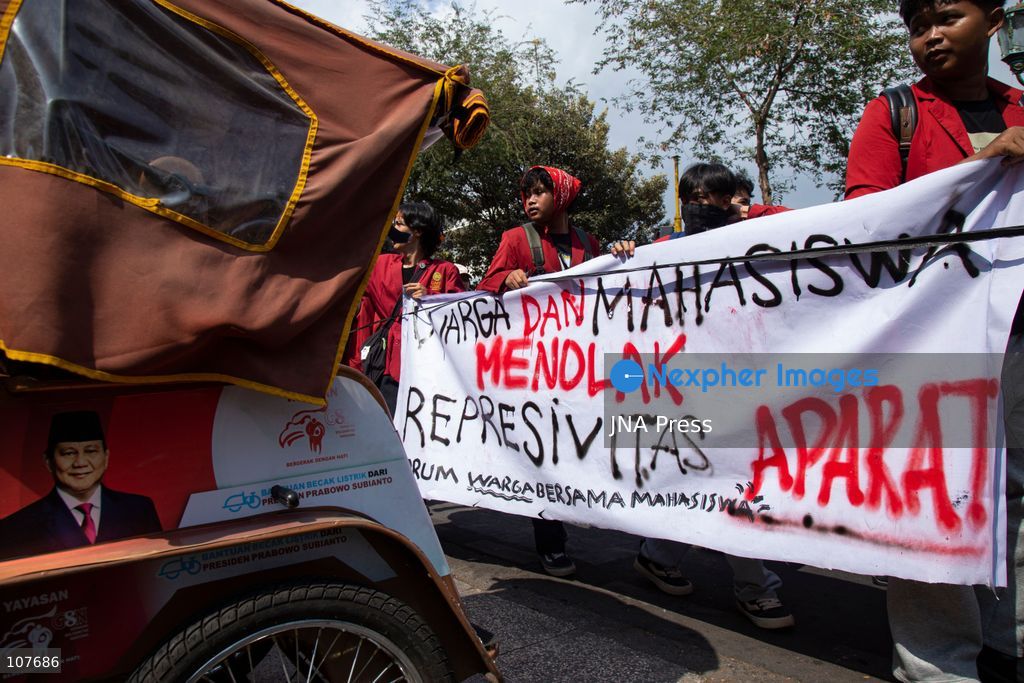 YOGYAKARTA, INDONESIA - OCTOBER 20, 2026: Students gather at the Special Region of Yogyakarta (DIY) Regional People's Representative Council (DPRD) building during a protest against the central government, which has been in office for two years. Students from Muhammadiyah University of Yogyakarta (UMY) later marched to the Zero Kilometer Point in Yogyakarta to voice criticism of government policies they consider controversial and harmful to people's lives. (Photo by Topen Anggara Saputra/JNA Press via Nexpher Images)