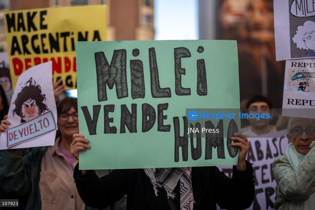 MADRID, SPAIN, OCTOBER 20, 2026: Argentines living in Spain and other demonstrators gather in Plaza de Callao to protest against Argentine President Javier Milei’s visit to Madrid. Organised by Argentina Soberana, the rally expresses opposition to his government’s economic and social policies. Carvajal / JNA Press. (Photo by C. Carvajal/JNA Press via Nexpher Images)