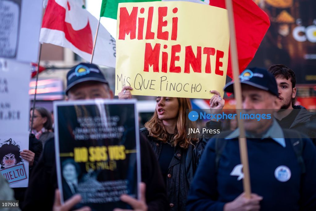 MADRID, SPAIN, OCTOBER 20, 2026: Argentines living in Spain and other demonstrators gather in Plaza de Callao to protest against Argentine President Javier Milei’s visit to Madrid. Organised by Argentina Soberana, the rally expresses opposition to his government’s economic and social policies. Carvajal / JNA Press. (Photo by C. Carvajal/JNA Press via Nexpher Images)