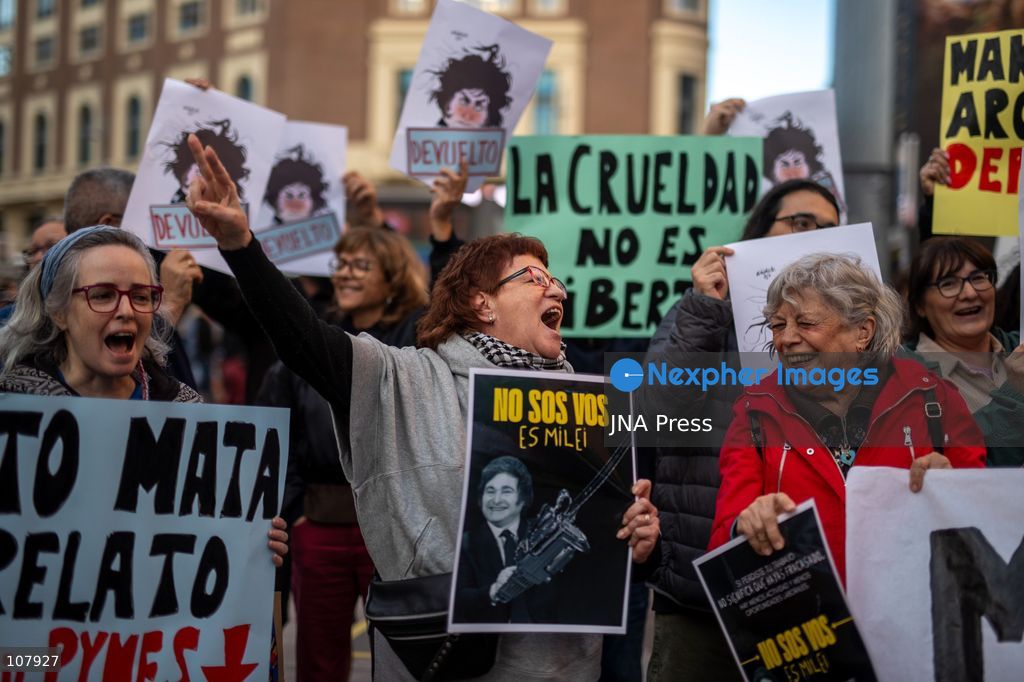 MADRID, SPAIN, OCTOBER 20, 2026: Argentines living in Spain and other demonstrators gather in Plaza de Callao to protest against Argentine President Javier Milei’s visit to Madrid. Organised by Argentina Soberana, the rally expresses opposition to his government’s economic and social policies. Carvajal / JNA Press. (Photo by C. Carvajal/JNA Press via Nexpher Images)