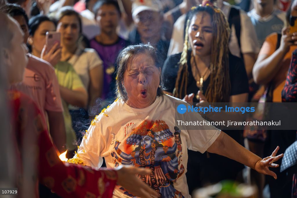 BANGKOK, THAILAND — October 20, 2026: Hindu devotees and members of the public gather along Silom Road for the annual Navaratri procession at Sri Maha Mariamman Temple, widely known as Wat Khaek. The procession marking Vijayadashami features religious ceremonies and traditional displays, reflecting the Hindu community’s faith and cultural heritage in Thailand. (Photo by Thanatchanont Jiraworathanakul/Nexpher Images)