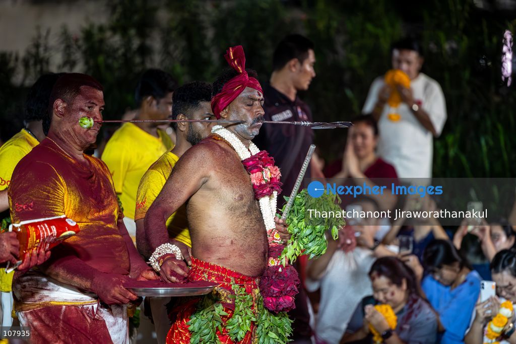 BANGKOK, THAILAND — October 20, 2026: Hindu devotees and members of the public gather along Silom Road for the annual Navaratri procession at Sri Maha Mariamman Temple, widely known as Wat Khaek. The procession marking Vijayadashami features religious ceremonies and traditional displays, reflecting the Hindu community’s faith and cultural heritage in Thailand. (Photo by Thanatchanont Jiraworathanakul/Nexpher Images)