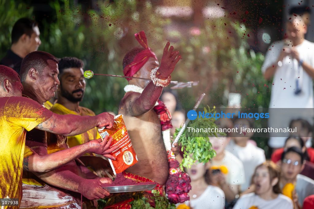 BANGKOK, THAILAND — October 20, 2026: Hindu devotees and members of the public gather along Silom Road for the annual Navaratri procession at Sri Maha Mariamman Temple, widely known as Wat Khaek. The procession marking Vijayadashami features religious ceremonies and traditional displays, reflecting the Hindu community’s faith and cultural heritage in Thailand. (Photo by Thanatchanont Jiraworathanakul/Nexpher Images)