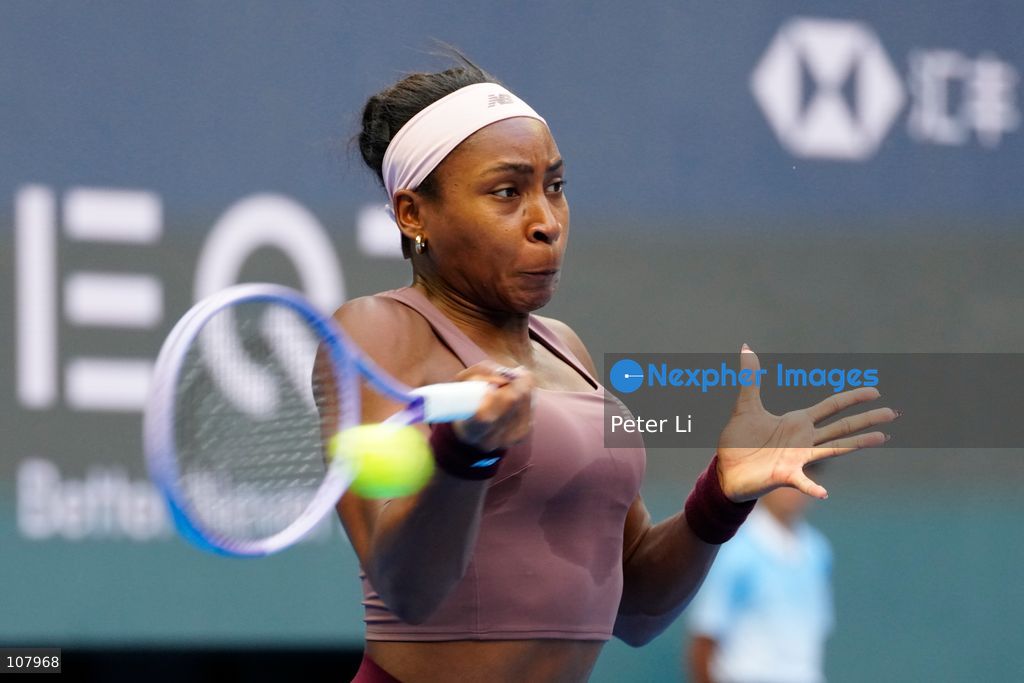 Coco Gauff of the United States in action against Elise Mertens of Belgium during Women's Singles Round of 16 match on day eight of China Open at the National Tennis Center on October 7, 2026 in Beijing, China. (Photo by Peter Li/Nexpher Images)