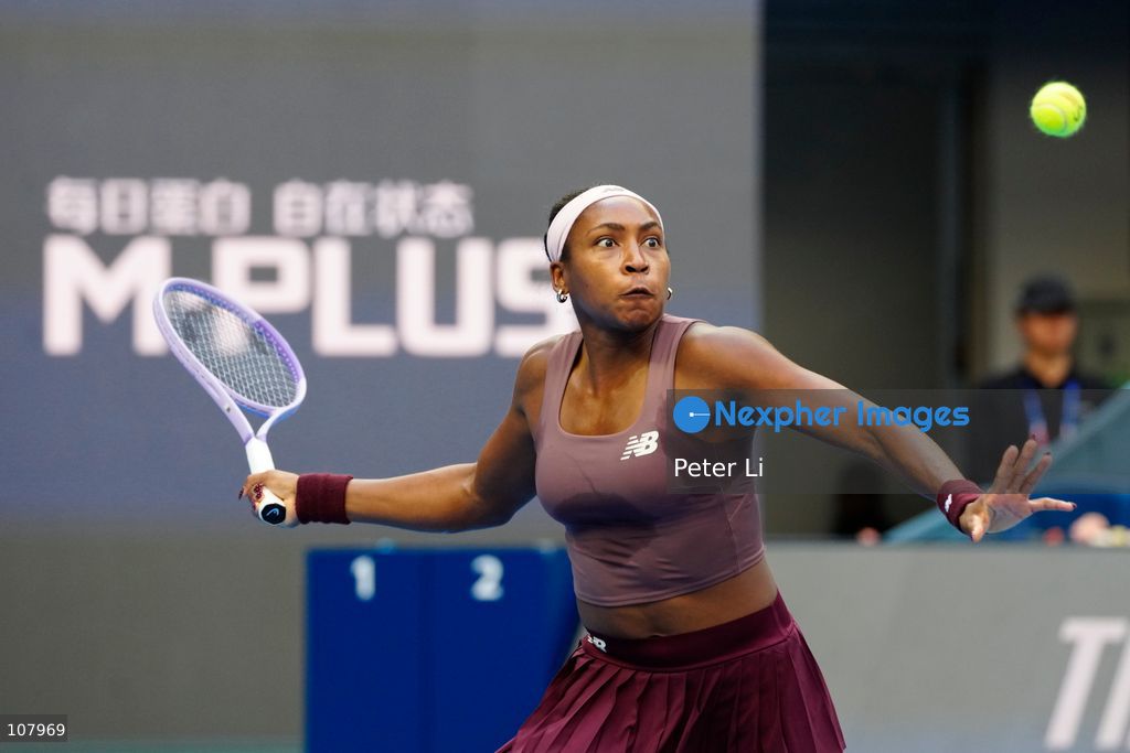 Coco Gauff of the United States in action against Elise Mertens of Belgium during Women's Singles Round of 16 match on day eight of China Open at the National Tennis Center on October 7, 2026 in Beijing, China. (Photo by Peter Li/Nexpher Images)